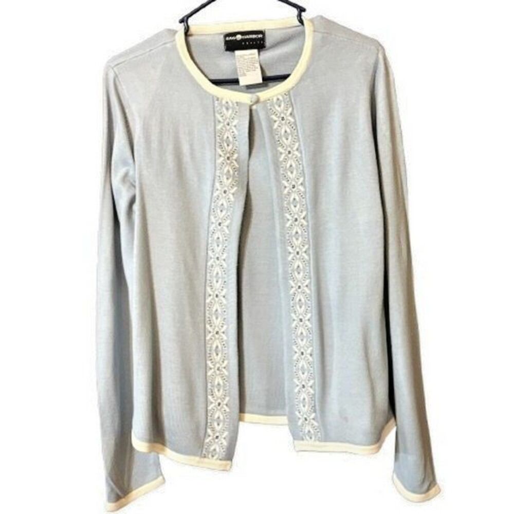 Sag Harbor Women's Petite Small Baby Blue Sweater with Attached Shell & Sequins